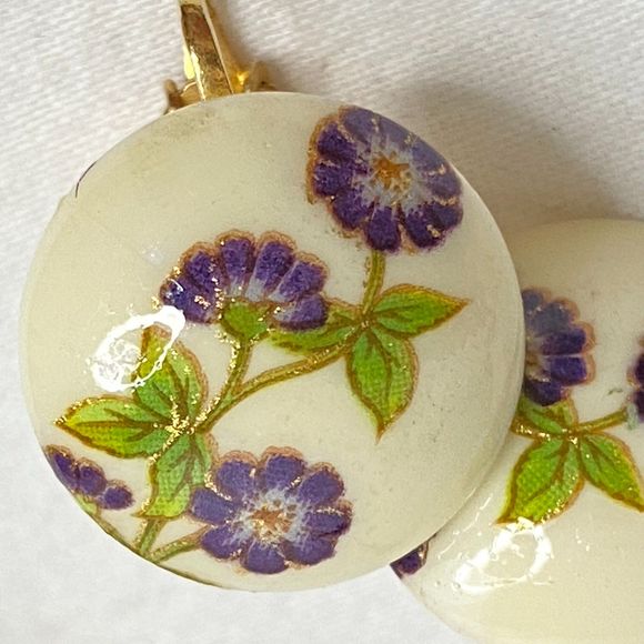 Floral Ceramic Earrings Pink Purple Painted Flowers On Stem Button Clip On Lot - Picture 6 of 8
